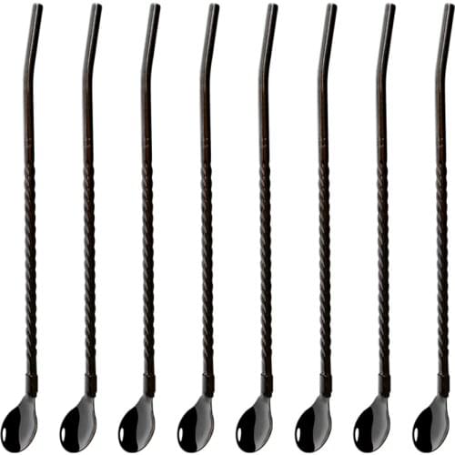 8PCS Long Polished Straw Spoon Portable Black Tea Scoop Reusable 304 Stainless Steel Straws Coffee Stirring Spoon Dinnerware Set