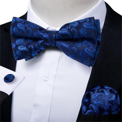 Mens Bow Tie Blue Paisley Bow Ties For Groom Party Accessories Business Wedding Bowknot Handkerchief Cufflinks Set DiBanGu