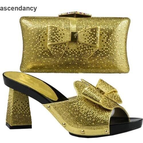 Latest gold Color Matching Women Shoes and Bag Set Decorated with Rhinestone African Women Italian Wedding Shoes and Bag Sets