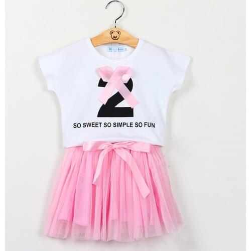 New Summer Dress Suits T-shirt Top+Pink Skirts 2Pcs Girls Dress Baby Girl Clothes Kid Clothing Children Clothes