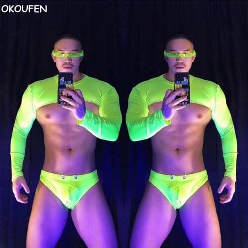 New Mens Fluorescent Green Sports Costume Suit Nightclub Bar Muscle Dance wear Party Stage show performance outfit