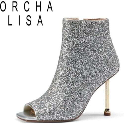 ORCHA LISA 2021 Bling Mid Calf Glitter Boots Sequined Cloth Peep Toe Zip 9.5CM High Strange Stiletto Heel Size 33-43 A4180