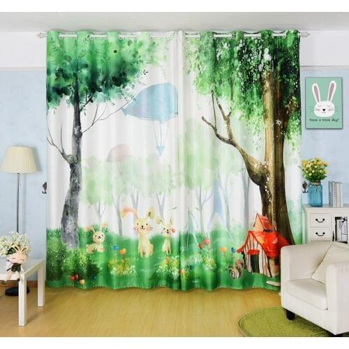 Custom Window Curtains for Living Room Bedroom Nursery Kid Children Room Window Tulle Sheer Drapes Rabbit Scenic Tree Green