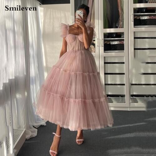 Smileven Pink Puffy Tulle Short Prom Dresses Spaghetti Straps Ankle Length Formal Dresses Fairt Party Dress Plus size