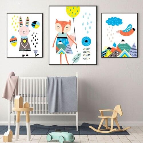 Scandinavian Baby Nursery Wall Art Canvas Posters Cartoon Rabbit Bird Painting Nordic Decoration Picture Children Bedroom Decor