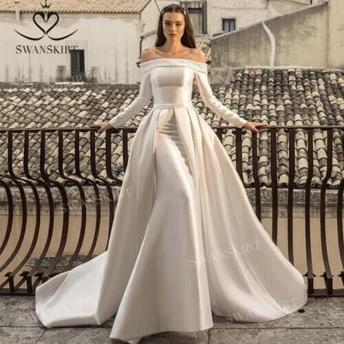 Wedding Dress Beaded Satin Mermaid 2 In 1 Detachable Train Bridal Gown 2021 Lace Up Princess SwanSarah N301 Vestido De Novia