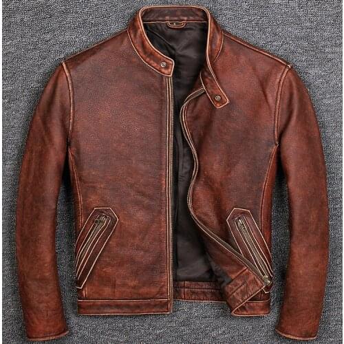 Vintage Brown Mens Slim Fit Motorcycle Leather Jacket Genuine Cowhide Spring Autumn Short Biker Coat High Quality