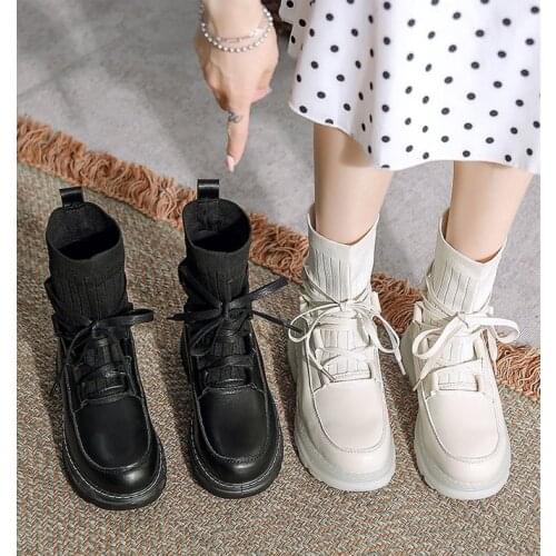 Boots womens autumn winter new fashion round toe LACES chunky heel platform shoe womens casual sneaker 35-40