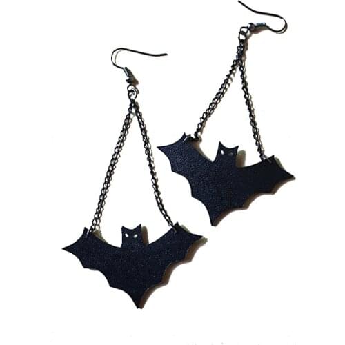 Earrings Women Girl 1 Pair Vintage Fashion Black PU Leather Bat Dangle Chain Gothic Halloween Drop Earring Retro Free Shipping