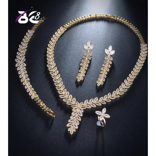 Be 8 Bridal Wedding Jewelry Sets Leaf Shape CZ Necklace Bracelet Earrings and Ring Women 4pc Jewelry Set Bijoux Femme S144