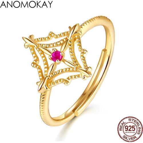 Anomokay Classic Hollow Rhombic Flower Gold Color Rings Rose Red CZ Women S925 Silver Rings Sterling 925 Silver Ring Female