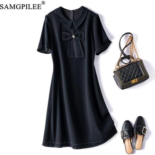 Summer Women Dress 2021 New Office Lady A-line Solid Short Sleeve Bow Knee-length Empire Peter Pan Collar Plus Size Dresses 4XL