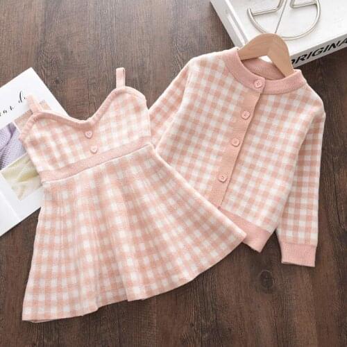 Baby Kids Winter Knitwear Suits For 2-6 Years Girls Plaid Cardigan Coats And Strap Dress Outfits Princess Knitting Clothes Sets