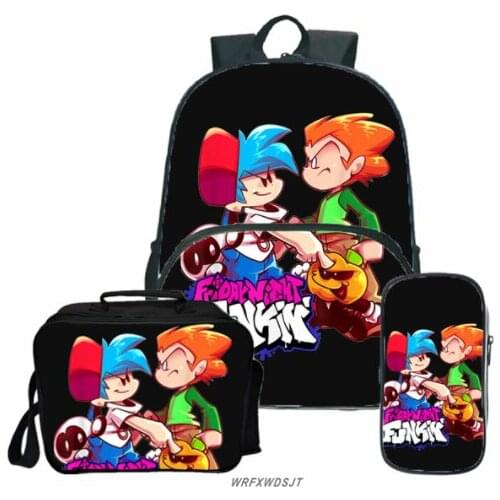 Travel Backpack College Bookbag Mochila 3pcs/set Friday Night Funkin Print Teen Girls Backpack Boys School Bag+pen Bag+lunch Bag