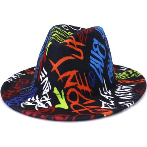 New Men Women Graffiti Woolen Felt Fedora Hat Vintage Wide Brim Unisex Cotton Outdoor Print Hat and Caps