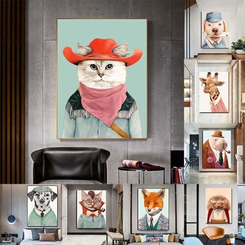 KAWAII Hedgehog Canvas Painting Wall Art Poster And Prints Cat Fox Dog Animals Get Clothes for Nordic Kids Room Home Decorativos