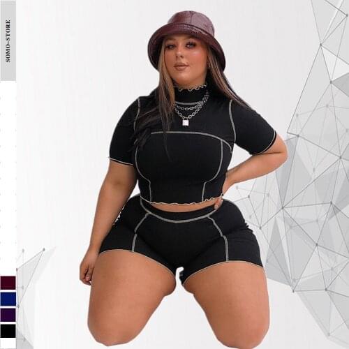 Turtleneck Short Sleeves Shorts Sets Casual Style Plus Size Women Clothing Slim Black Two Piece Set 4xl Wholesale Dropshipping