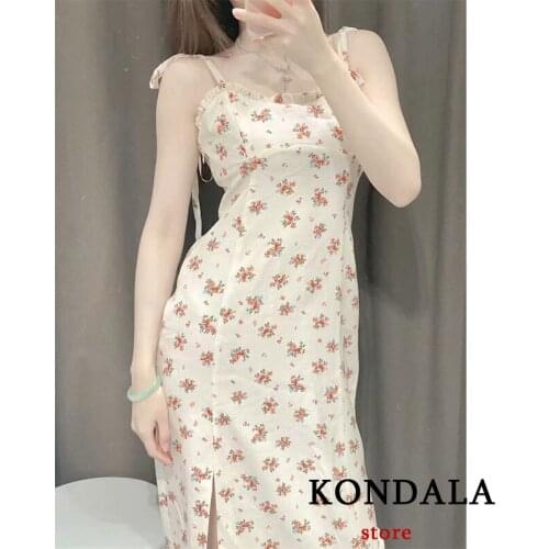 KONDALA Women New Summer Floral Printed Linen Strap Sundress Sweet Girl Fashion Sleeveless Sexy Mid Dress Vintage Mujer Vestidos