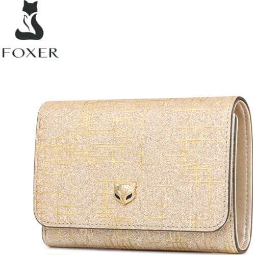 FOXER Lady Fashion Money Wallet Women Chic Small Coin Pocket Female Luxury Split Leather Money Purse Shine multi-function Wallet