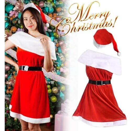 Red Fancy Dress Cosplay Party Women Christmas Santa Costume Dress Suit Off Shoulder Patchwor Girl Female Mini Dress with Hat
