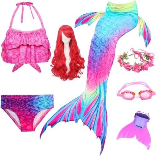 HOT Kids Girls Mermaid Tails with Fin Swimsuit Bikini Bathing Suit Dress for Girls Mermaid Wigs With Flipper Monofin For Swim