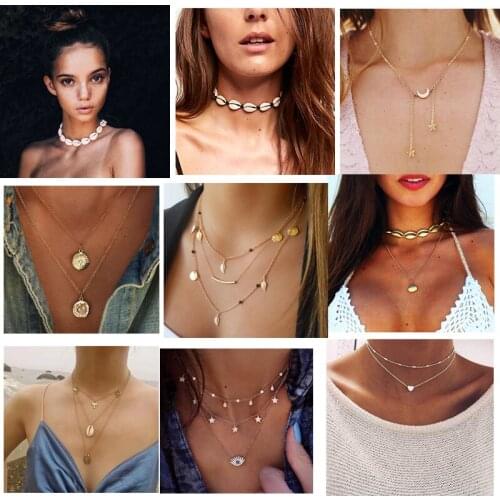 Fahsion Chocker Necklace For Women Gold Color Multiple Layers Pendant Necklaces Holiday Beach Statement Boho Jewelry Femme