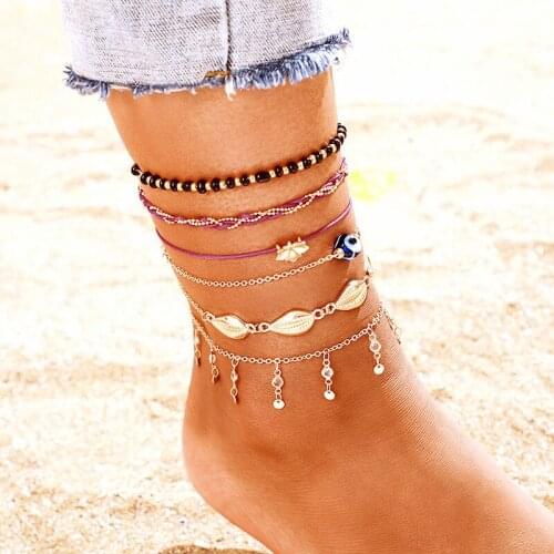 Bohemian Ankle Bracelet Set Gold Chains Heart Star Shell Charms Leg Bracelets For Women Anklets Beach Foot Accessories