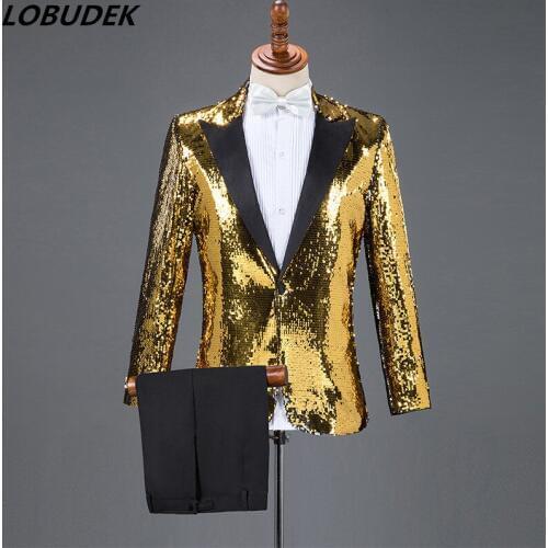 New Style Gold Red Black Sequins Blazers Mens Suits Nightclub Bar Male Singer Host Concert Suit Stage Outfit Chorus Costumes