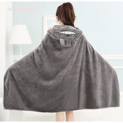 NEW 160x90cm Adult Hooded Blankets Coral Fleece Cartoon Animal Totoro Air Conditioning Portable Soft Gray Blanket for Beds