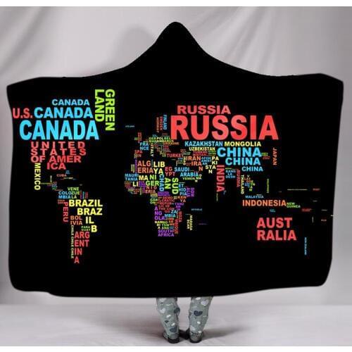 New fashion Map 3D Printed Hooded Blanket Cloak Thickened Double-Layer Plush Sherpa Warm Blanket Home for Adults Youth Winter