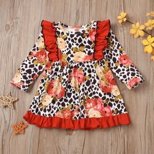 Toddler Kids Dress Girls Ruched Ruffles Floral Leopard Print Dress Children Toddler Outfits Lovely Long Sleeve Princess Dresses