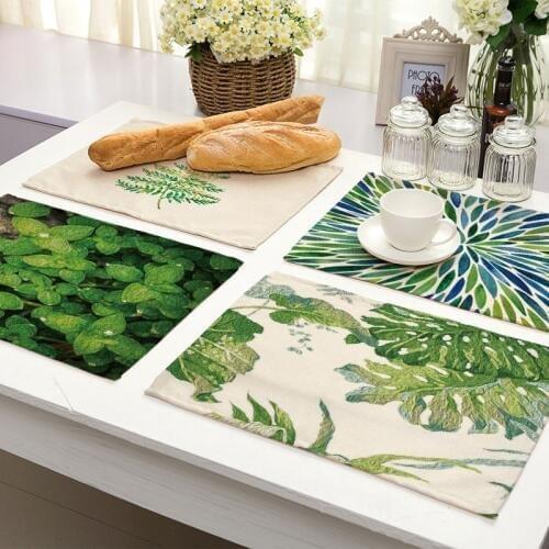 1Pcs Green Leaf Plant Pattern Dining Table Mats Kitchen Placemat Coaster Cotton Linen Pad Bowl Cup Mat 42*32cm Home Decor MP0029
