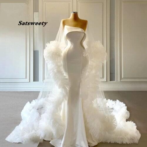 Luxury White Mermaid Wedding Dresses 2021 Arabic Tiered Bridal Dress Illusion Party Gowns Saudi Arabia Robe
