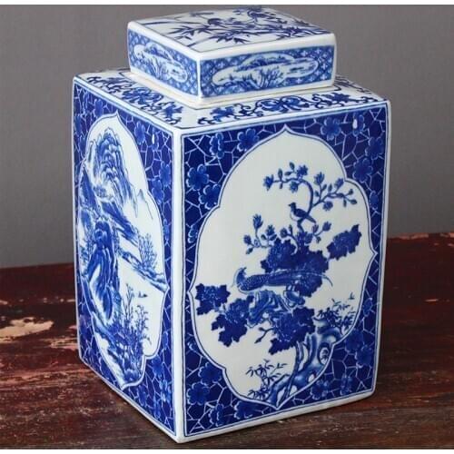 Jingdezhen Blue And White Porcelain New Chinese Style Square Jar Ceramic Ornament Tea Can Storage Jar Study Antique Decoration
