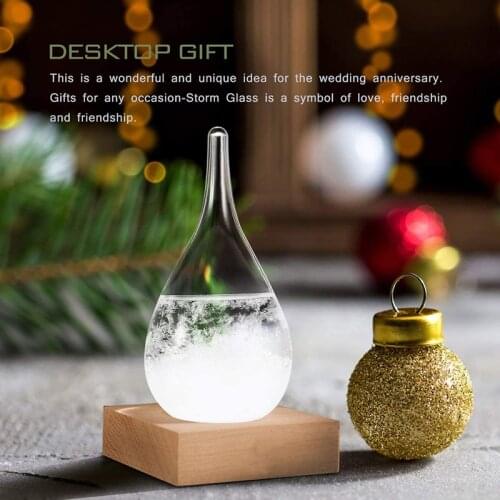 Tempest Glass Predictor Weather Forecast Decorative Barometer Drops-Shaped Small Bottle Gift with Wooden Base H88F