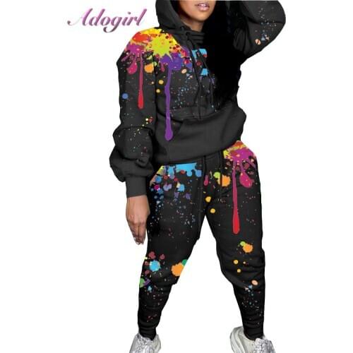 2020 Streetwear Graffiti Two Piece Set Casual Splash Ink Print Long Sleeve Sweatshirt Hoodies Joogers Pants Set Outfit Tracksuit