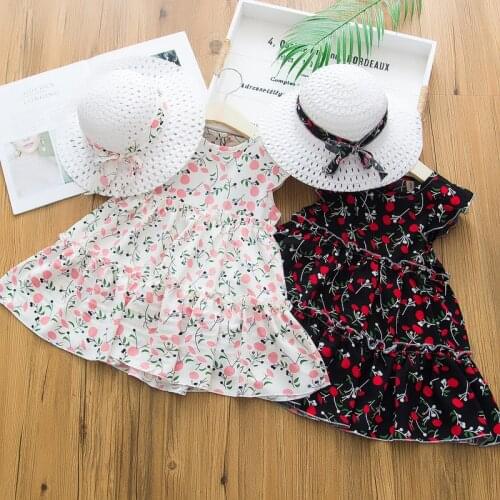 2020 New Baby Girl Summer Dress Korean Fashion 2pcs Set Floral Sweet Dress+Straw Hat Play Holiday Cotton Children Princess Dress
