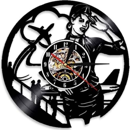 Vintage Airline Pilot Sign Home Decor Airlines Stewardess Professional Wall Clock Flight Attendent Lady Vinyl Record Wall Clock