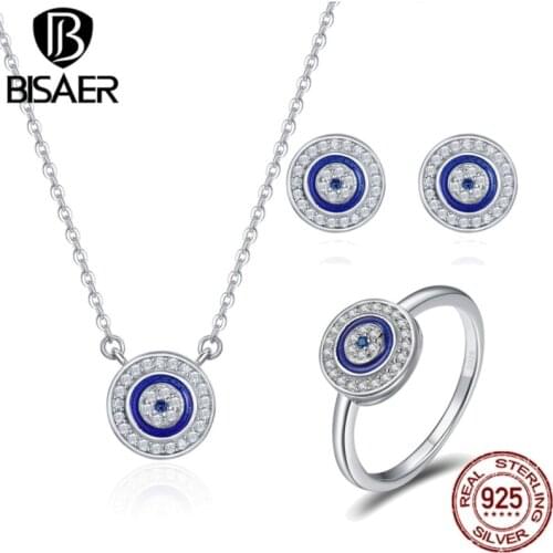 BISAER Jewelry Set 925 Sterling Silver Guardian Evil Eyes Women Lucky Blue Eye Jewelry Sets Sterling Silver Jewelry Wedding Gift