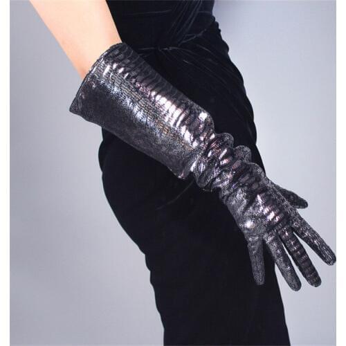 Real Leather Long Gloves 50cm Sheepskin Bright Silver Black Lizard Skin Python Puff Large Sleeves Womens Leather Gloves TB150