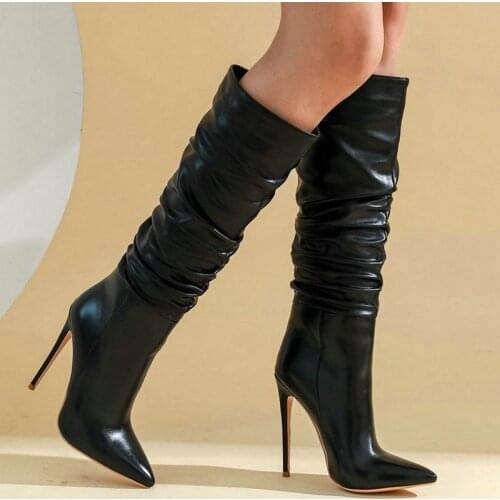 Black Yellow Green Apricot Women Knee High Boots Fashion Pointed Toe Thin High Heel Women Western Boots Slip on Cowboy Boots