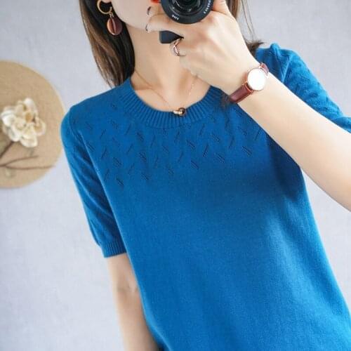 Summer thin new style 100% pure cotton thread short-sleeved sweater womens round neck pullover bottoming T-shirt half sleeve