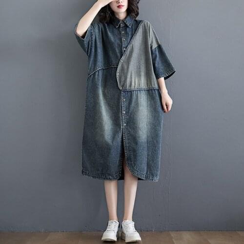 Oversized Women Loose Denim Dress New Arrival 2021 Vintage Style Single Breasted Patchwork Color Female Long Dresses B740