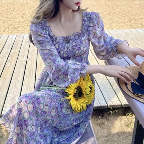 2021 Autumn French Vintage Floral Dresses Women Design Casual Long Sleeve Elegant Beach Boho Midi Dresses Female Korean Fashion