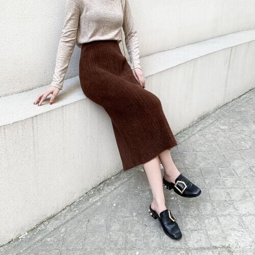 2020 Winter Womens Elegant Mink Cashmere Fur Midi Skirt Female Casual High Waist Knitted Warm Splits Mohair Skirts