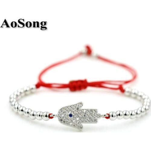 BPPCCR 4mm Copper beads Women Hamsa of Hand Lucky red rope thread string Braiding Chakra Bracelet Macrame Evil eye pulseras