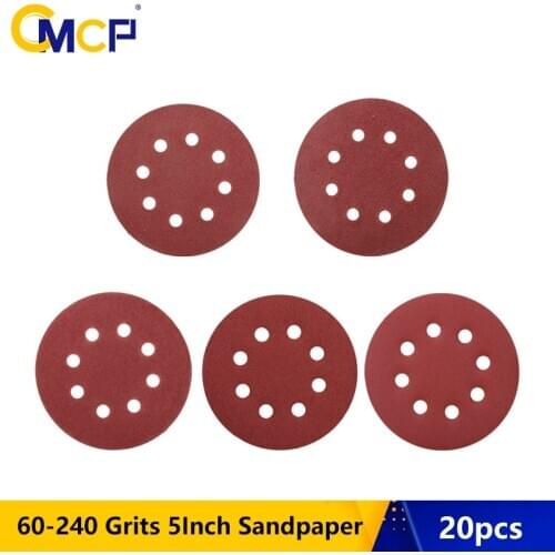CMCP 20pcs 5Inch Round Sandpaper Eight Hole Disk Sand Sheets 60/80/100/120/240 Grit Hook and Loop Sanding Disc Polish Tool