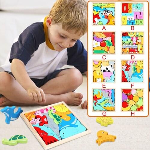 Kids Baby Wooden Vehicle Food Number Animal Cognition Puzzle Learning Educational Toy 3D Irregular Childrens Jigsaw Brain Game