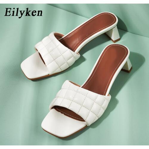 Eilyken New Design Lattice PU Leather Slippers Women Summer Square Toe Sandals Femme Fashion Low Heel Shoes Big Size 42 43