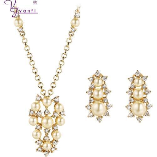 Kfvanfi gold color silver color rhinestones zinc alloy material necklace earrings sets imitation pearl jewelry sets for women